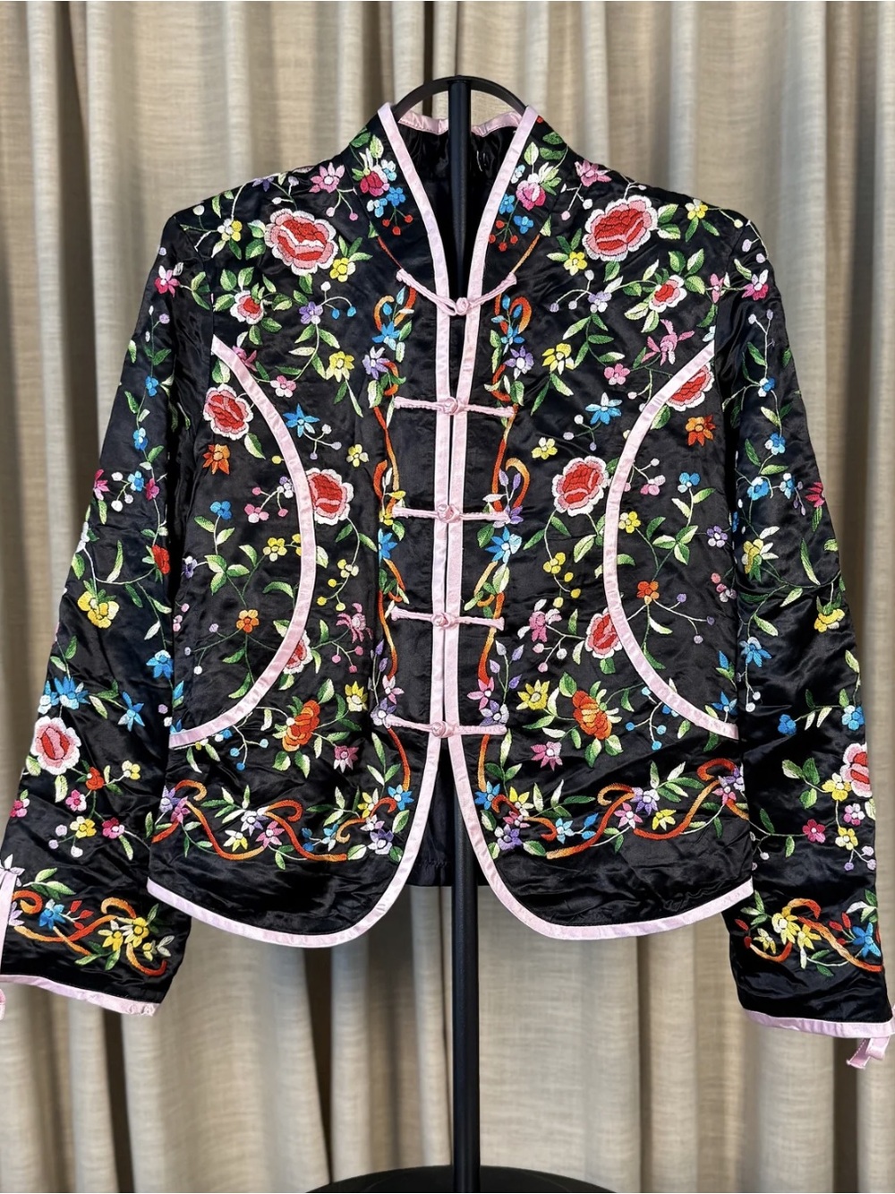 Black Floral Embroidered Satin Jacket with Pink Trim